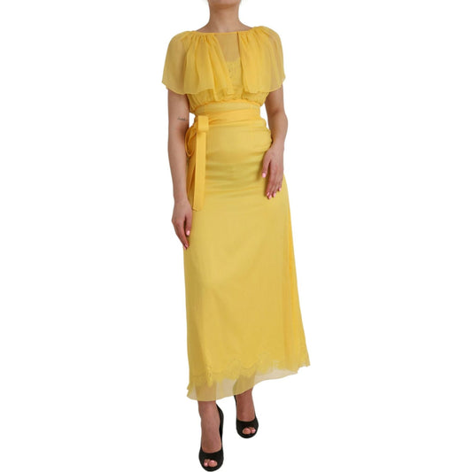 Yellow Silk Sheath Belted Long Maxi Dress