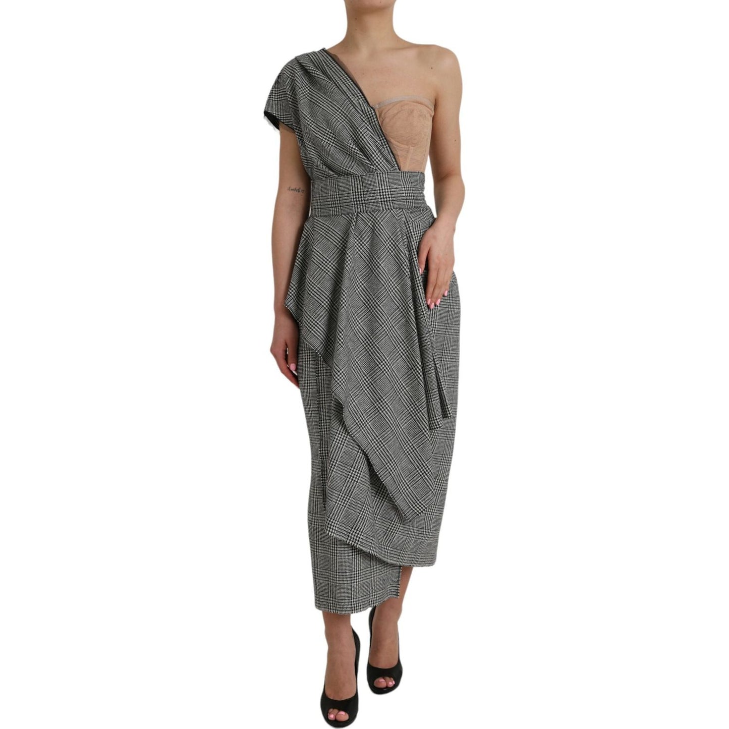 Dolce & Gabbana Gray Beige Layered One Shoulder Maxi Dress Dolce & Gabbana