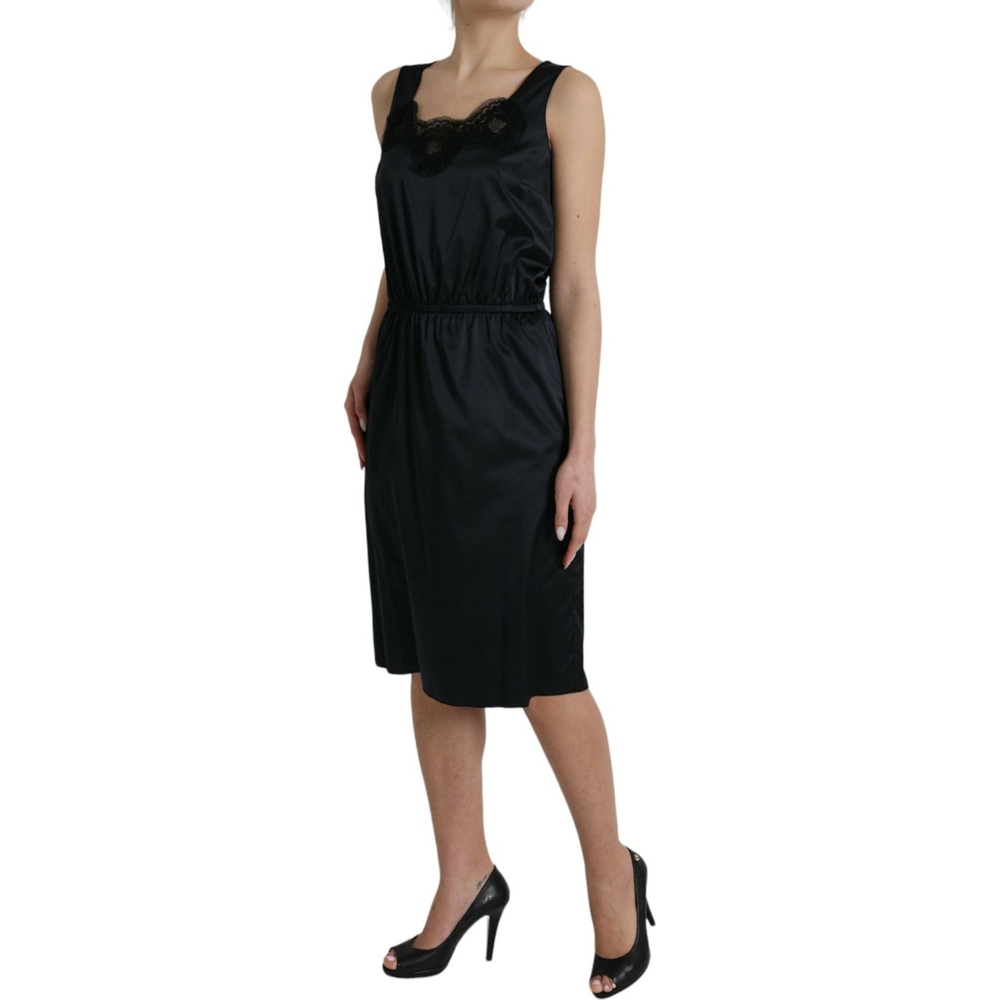 Black Polyester Lace Trim Sheath Midi Dress