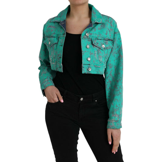 Green Cotton Tie Dye Cropped Cropped Denim Jacket