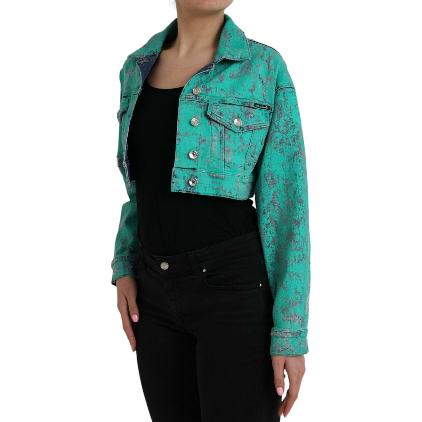 Green Cotton Tie Dye Cropped Cropped Denim Jacket