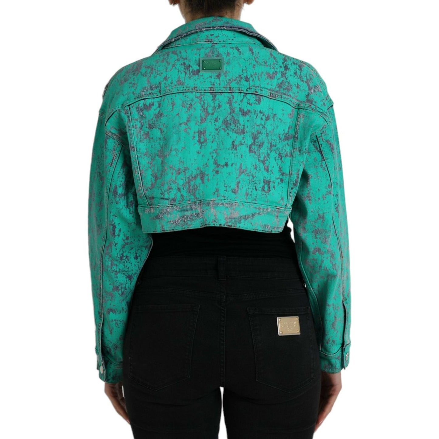 Green Cotton Tie Dye Cropped Cropped Denim Jacket