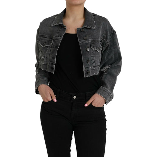 Dark Gray Cotton Stretch Cropped Denim Jacket