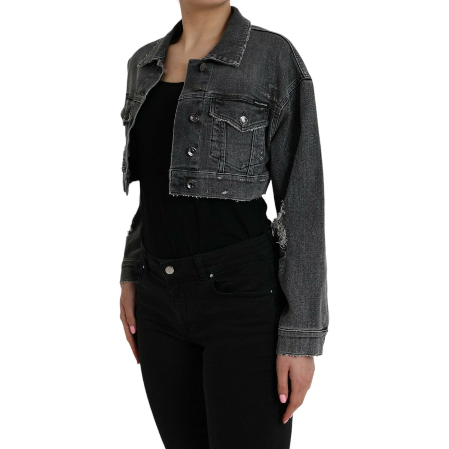 Dark Gray Cotton Stretch Cropped Denim Jacket