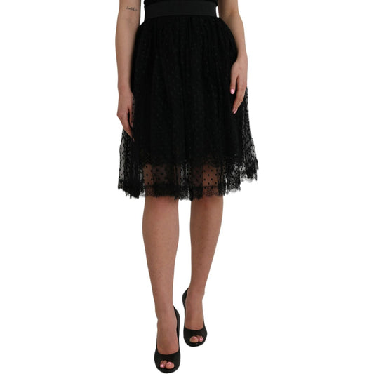 Black Nylon Lace Trim High Waist A-line Skirt