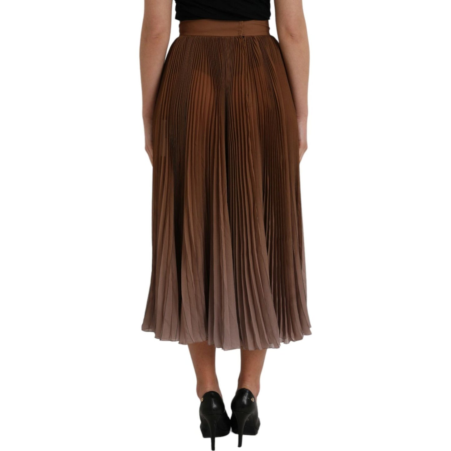 Brown Polyester Pleated High Waist Midi Skirt