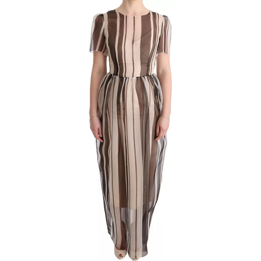 Beige Brown Striped Silk Sheath Dress