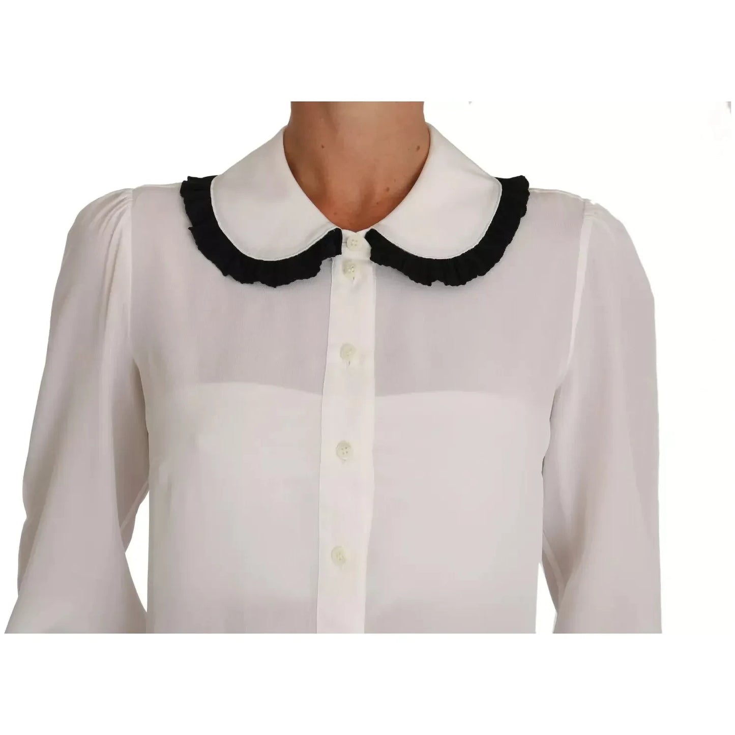 White Silk Shirt Ruffle Rouded Collar Blouse