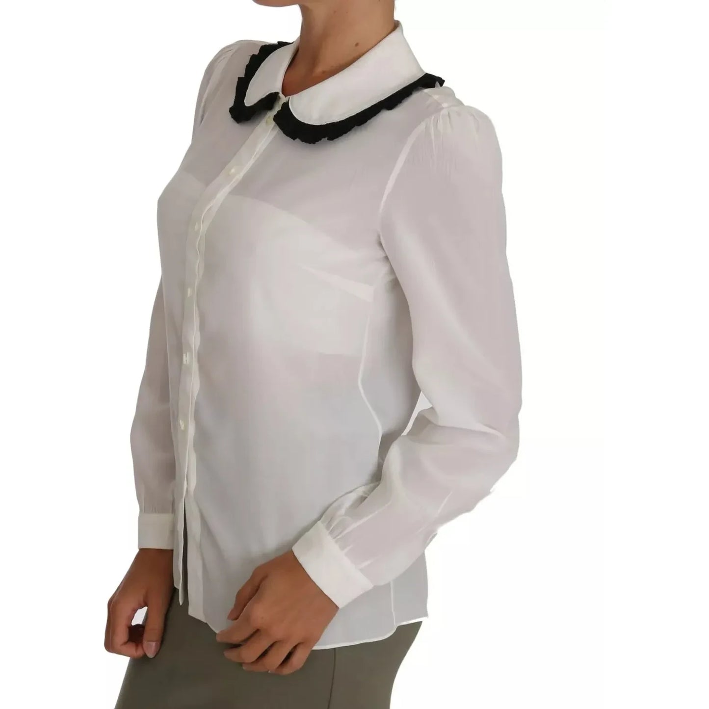 White Silk Shirt Ruffle Rouded Collar Blouse