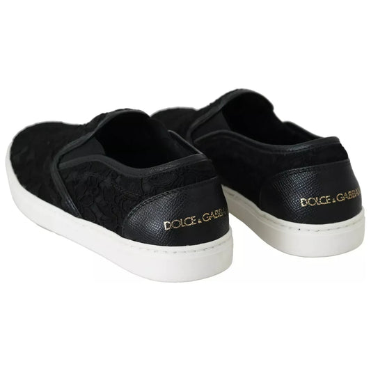 Black Lace Leather Logo Flat Slip-On Sneakers