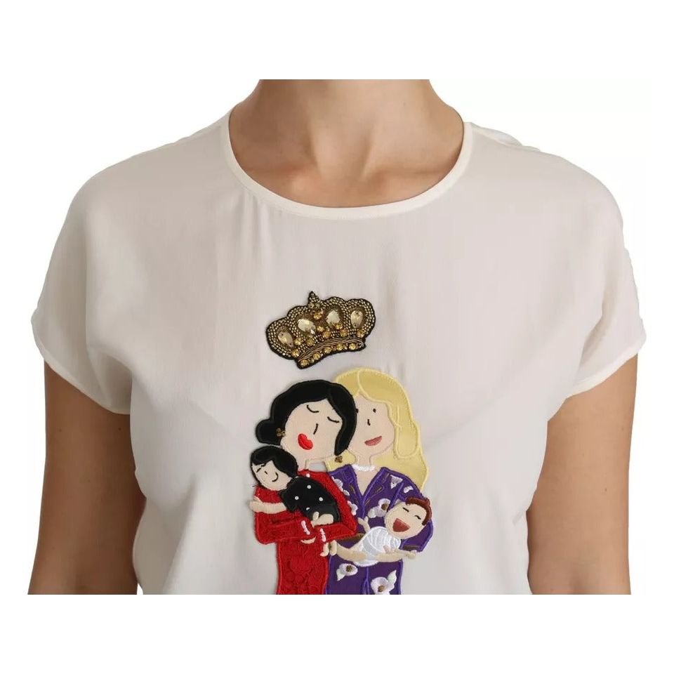 White #dgfamily Round Neck Crystal Crown Top