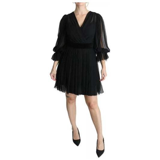 Black Mesh Pleated Mini Silk Blend Dress