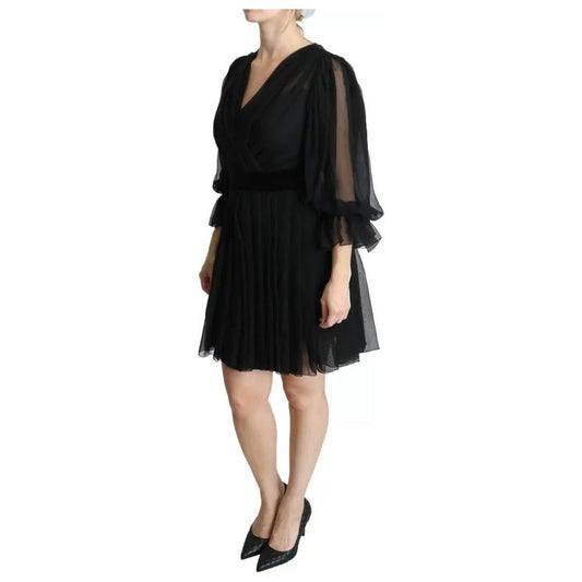 Black Mesh Pleated Mini Silk Blend Dress