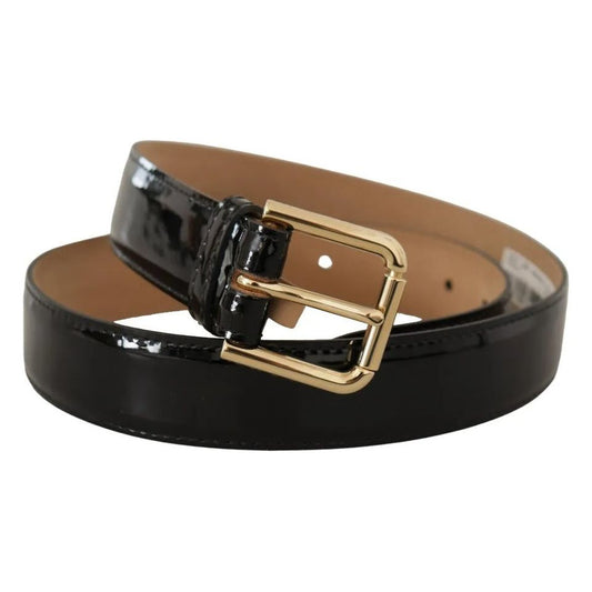 Black Leather Gold Metal Logo Engraved Buckle Belt