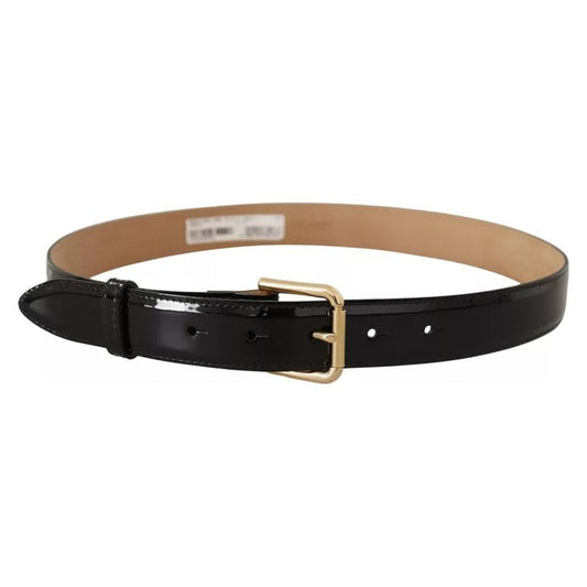 Black Leather Gold Metal Logo Engraved Buckle Belt