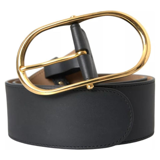 Black Leather Gold Oval Metal Buckle Belt