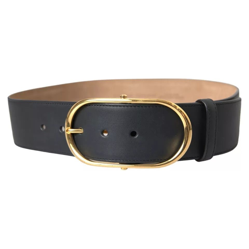 Black Leather Gold Oval Metal Buckle Belt