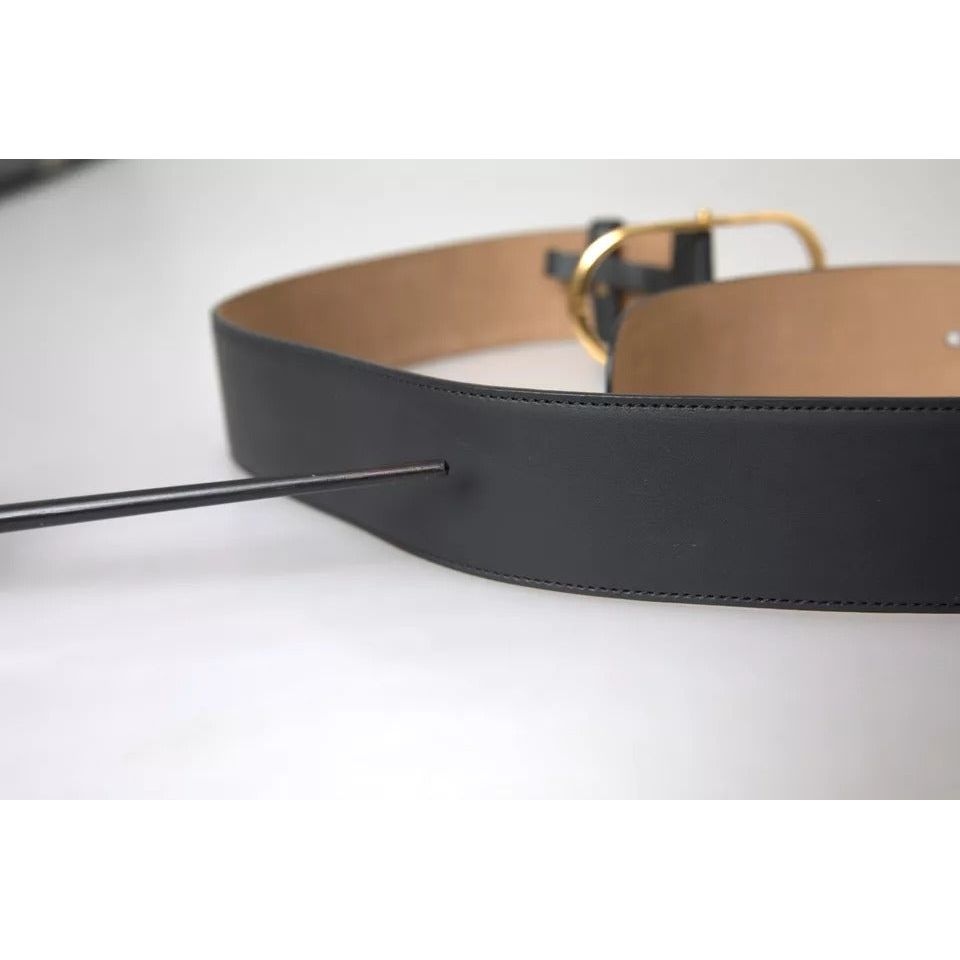 Black Leather Gold Oval Metal Buckle Belt