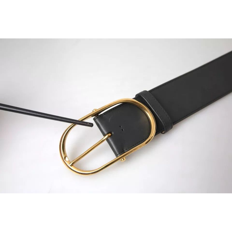 Black Leather Gold Oval Metal Buckle Belt