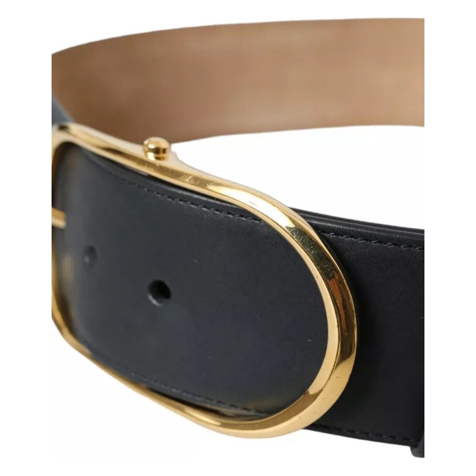 Black Leather Gold Oval Metal Buckle Belt