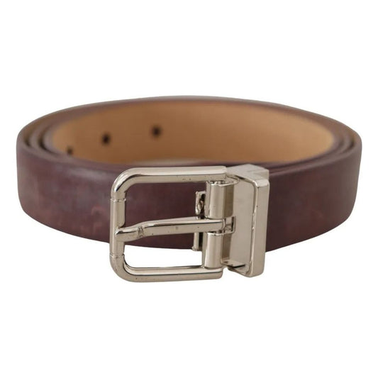 Brown Classic Leather Silver Logo Metal Buckle Belt