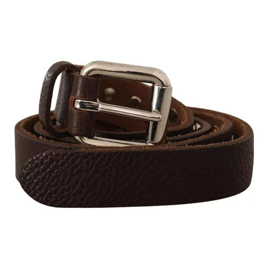 Brown Leather Studded Silver Metal Buckle Belt