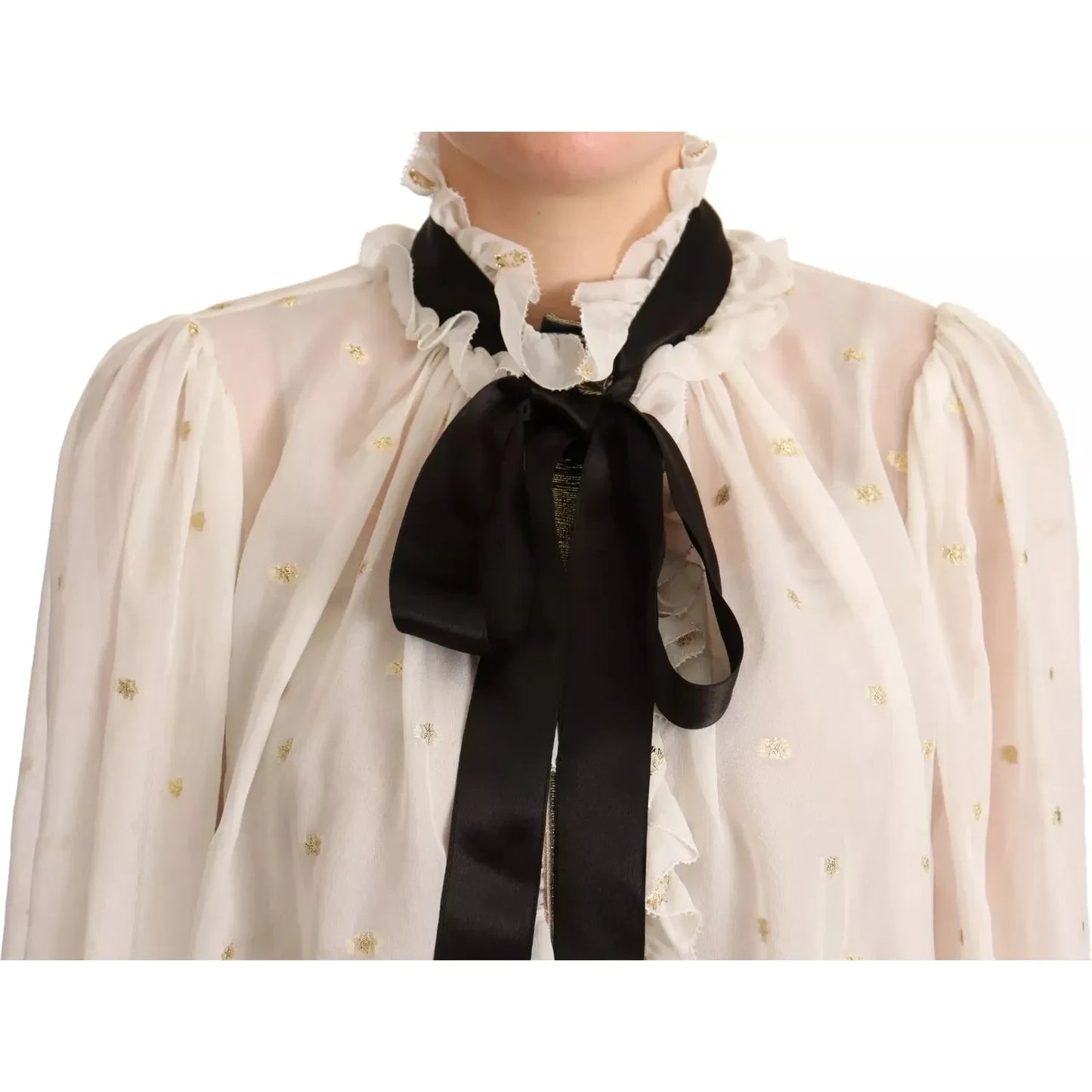 Off White Silk Blend Ascot Collar Blouse Top