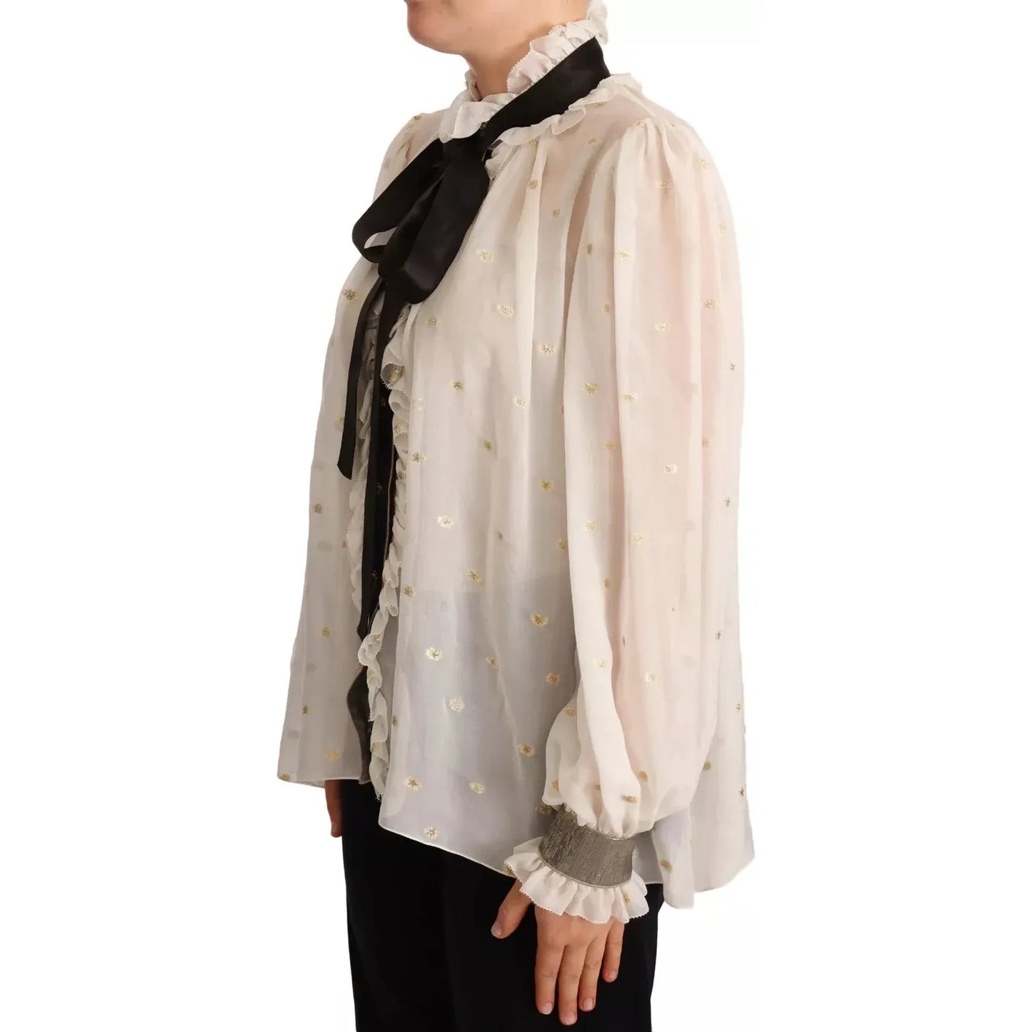 Off White Silk Blend Ascot Collar Blouse Top