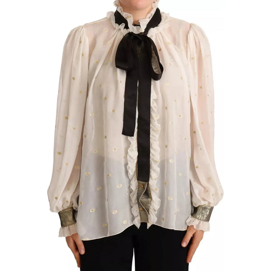 Off White Silk Blend Ascot Collar Blouse Top