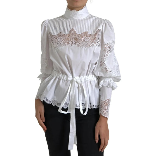 White Cotton Lace Trim Turtle Neck Top Blouse