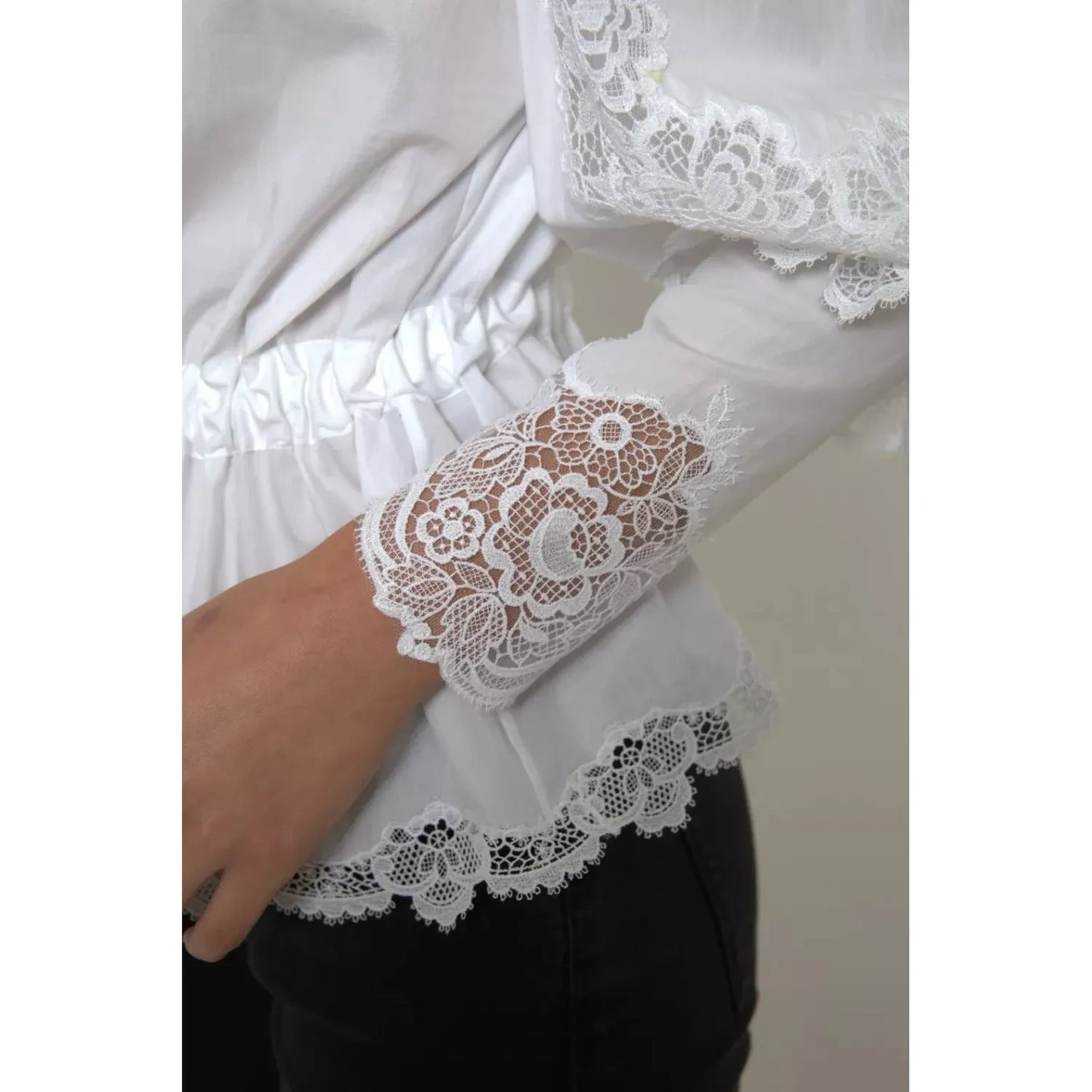 White Cotton Lace Trim Turtle Neck Top Blouse