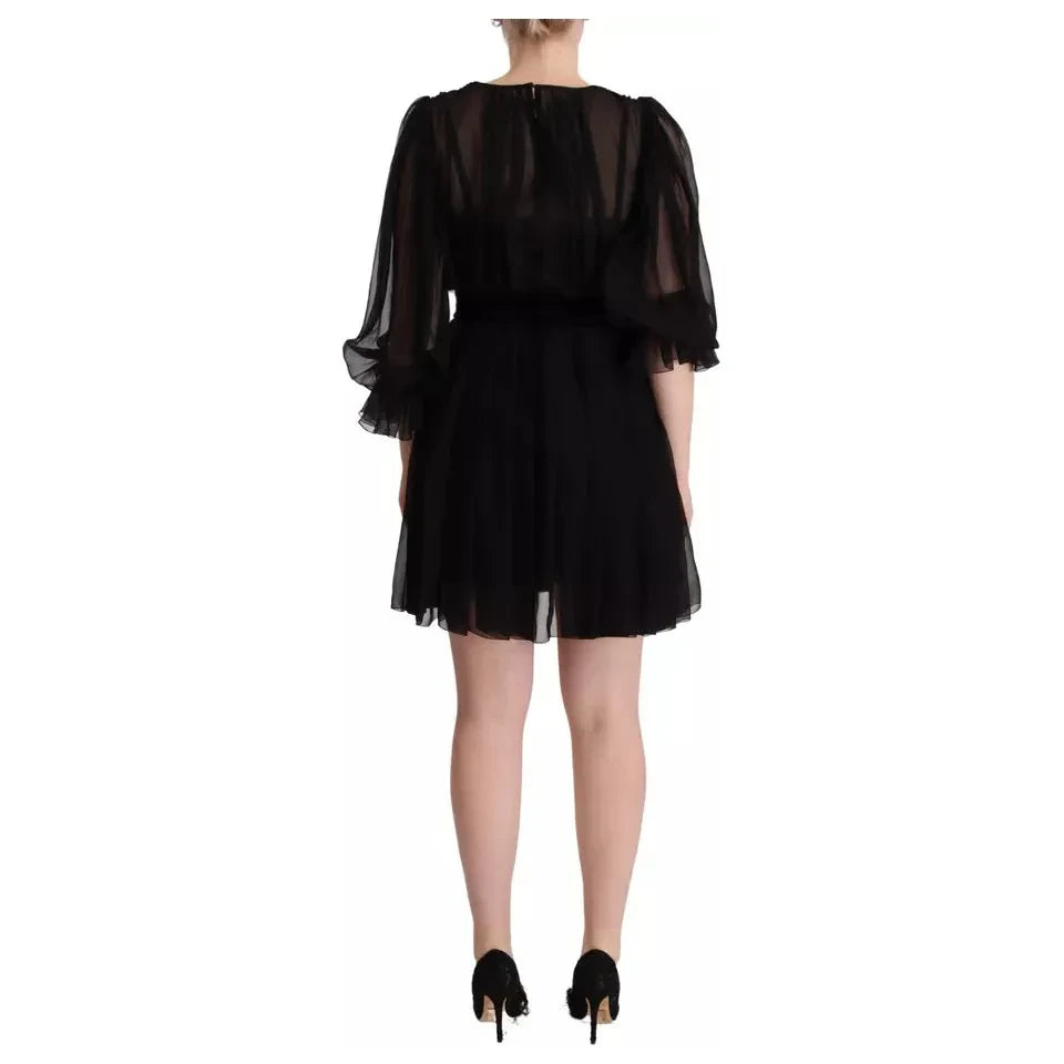 Black V-neck Long Sleeves Mini A-line Dress