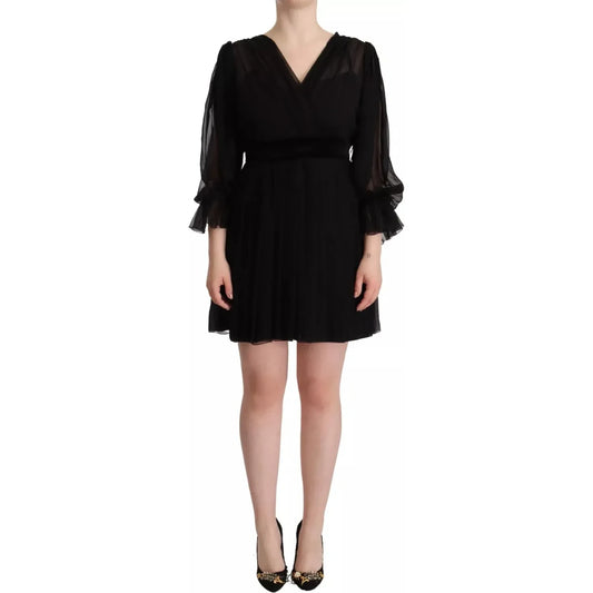 Black V-neck Long Sleeves Mini A-line Dress