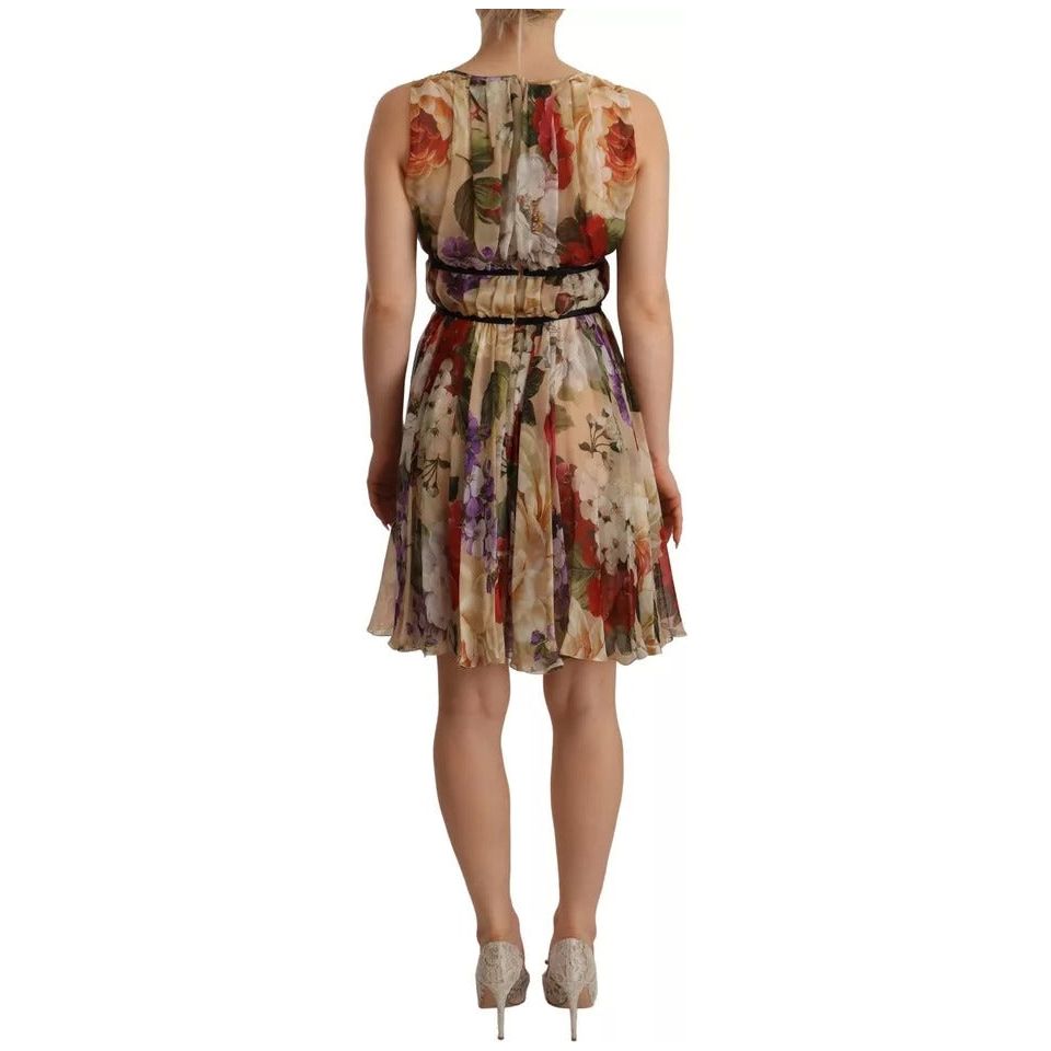 Beige Floral Sleeveless Round Neck Mini Dress