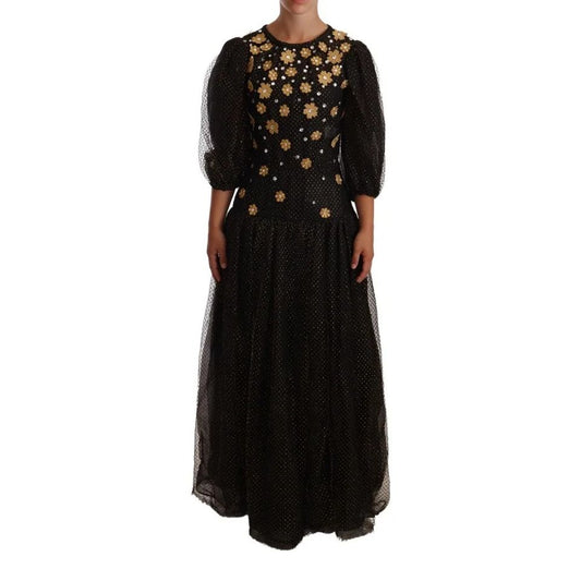 Dolce & Gabbana Black Crystal Floral Maxi Ball Gown Dress Dolce & Gabbana