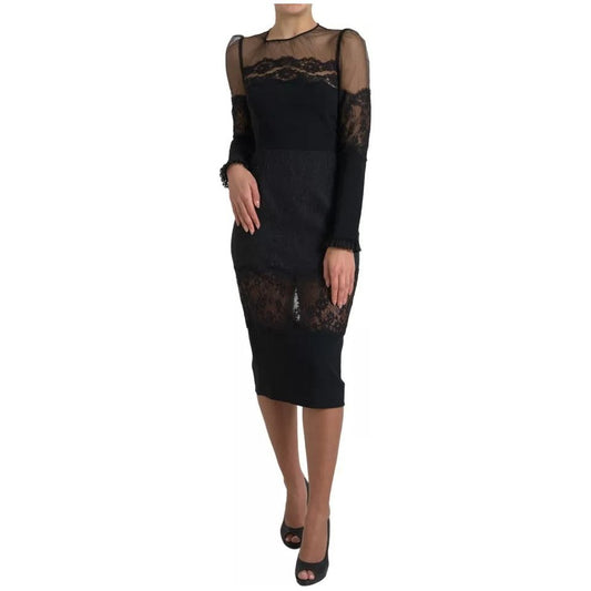 Black Sheer Floral Lace Sheath Midi Dress