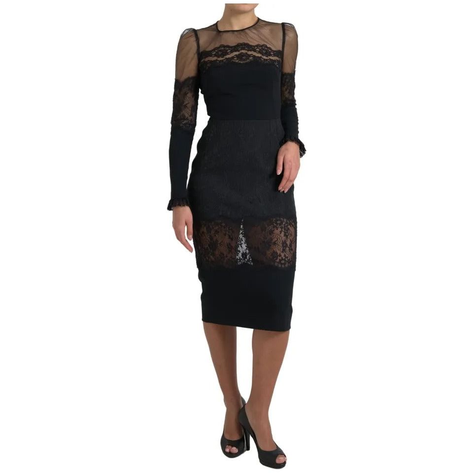 Black Sheer Floral Lace Sheath Midi Dress