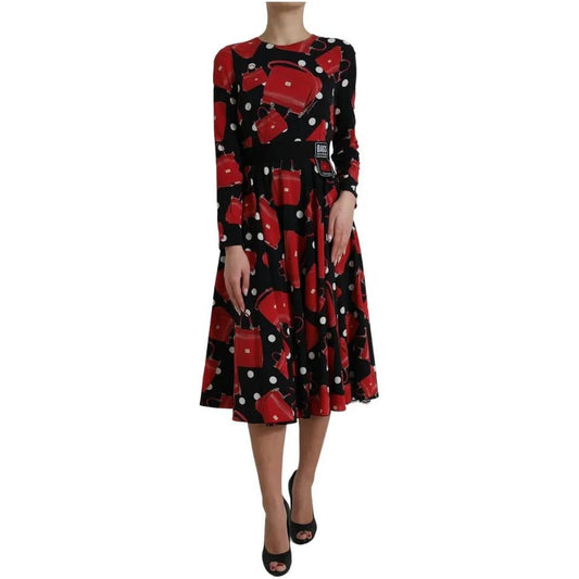 Black Sicily Bag Print Flared Midi Dress