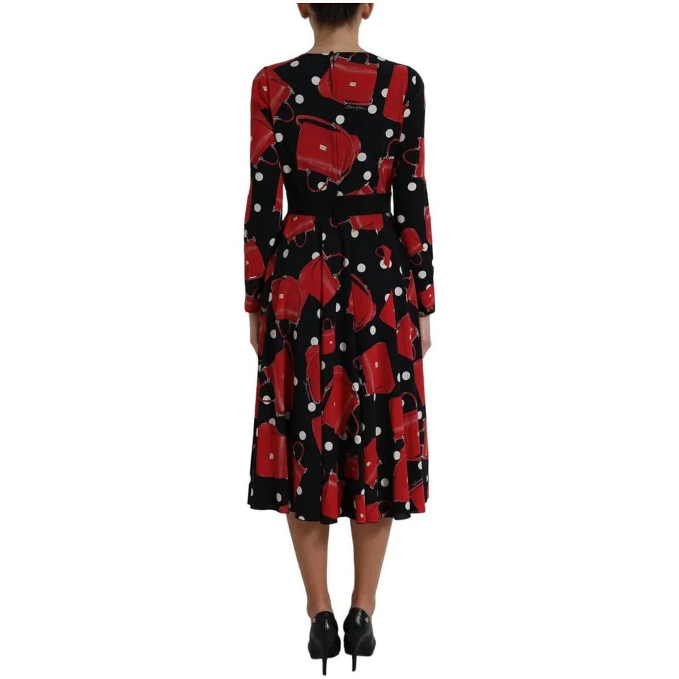 Black Sicily Bag Print Flared Midi Dress