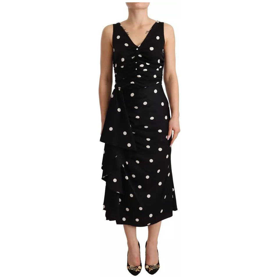 Black Silk Polka Dots V-neck Sheath Midi Dress