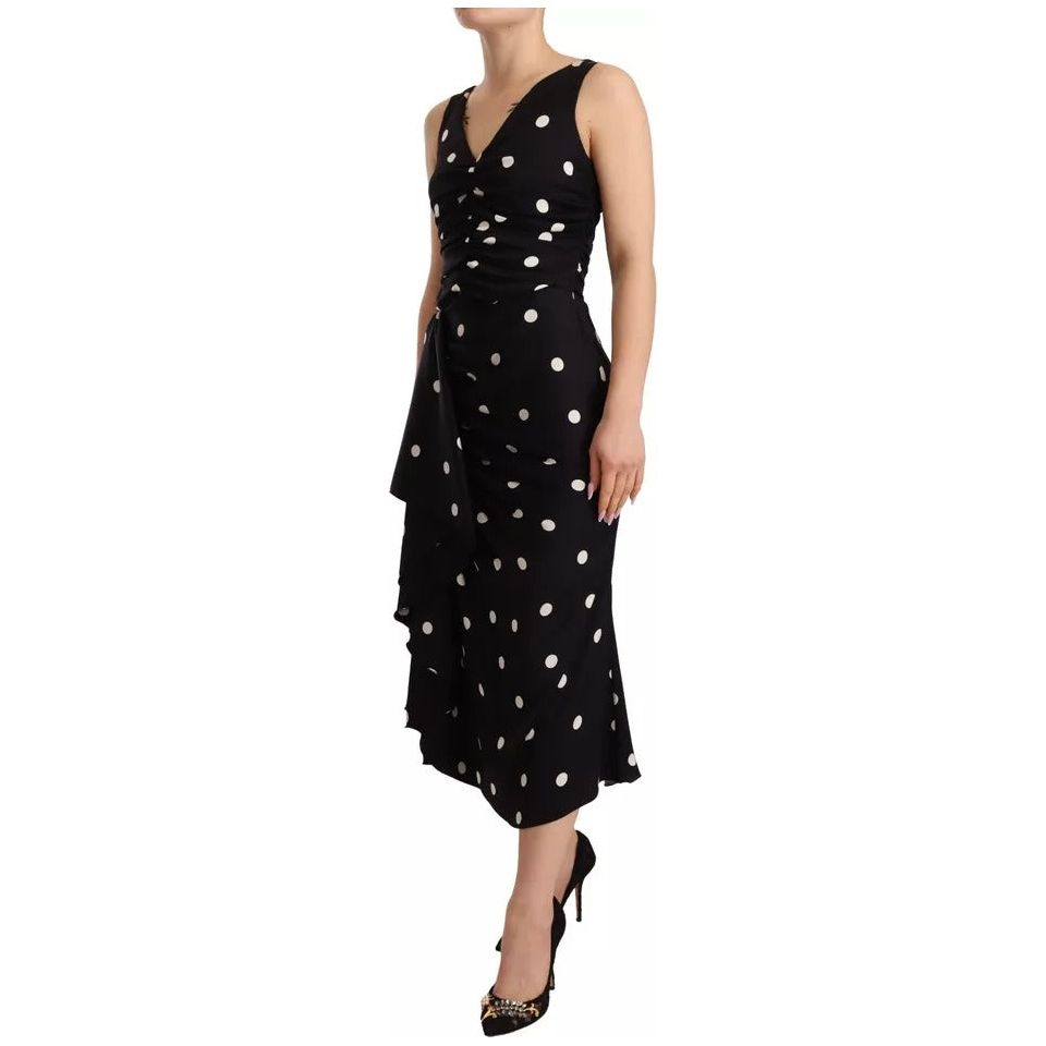 Black Silk Polka Dots V-neck Sheath Midi Dress