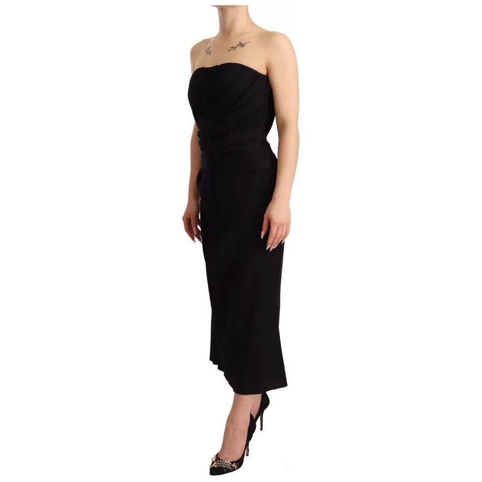 Black Silk Stretch Strapless Sheath Midi Dress