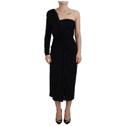 Black Wrap Sheath One Shoulder Wool Dress