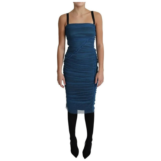 Blue Draped Tulle Midi Sheath Cotton Dress