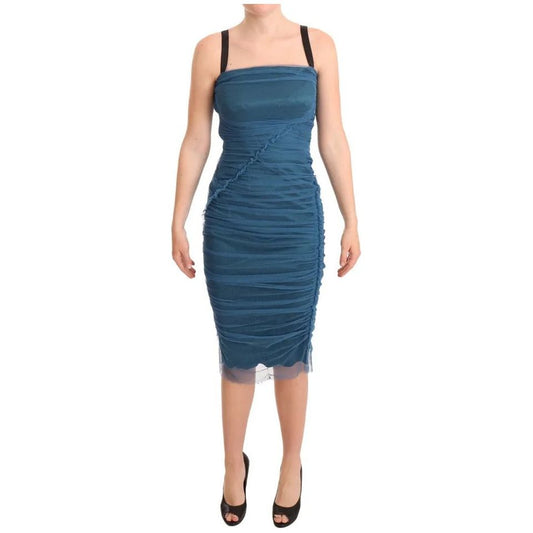 Dolce & Gabbana Blue Mesh Trim Ruched Tulle Sheath Dress Dolce & Gabbana