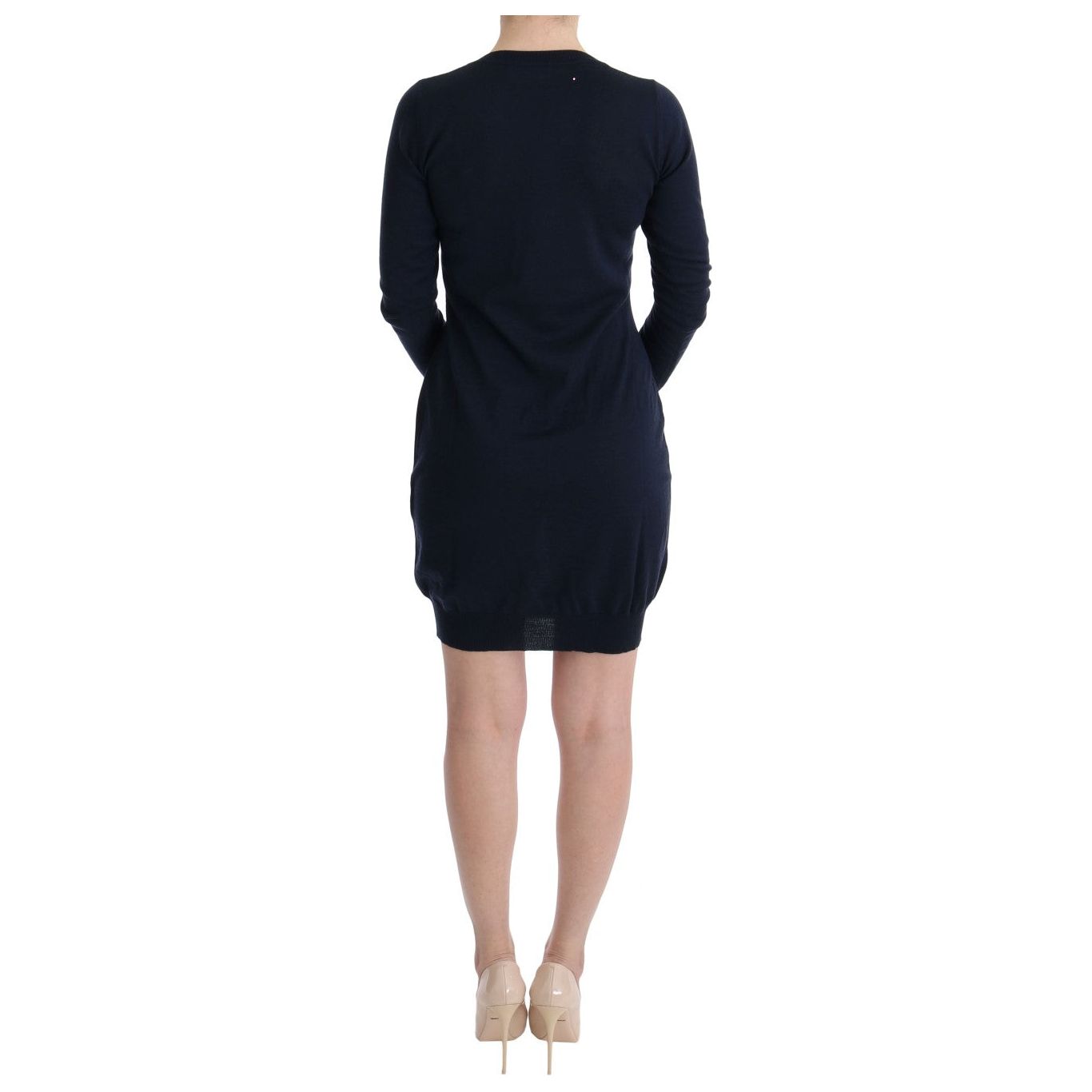 MARGHI LO' Elegant Over Knee Blue Wool Dress blue-wool-long-sleeve-shift-dress