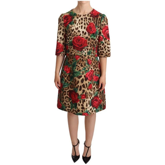 Brown Leopard Red Roses Cotton A-line Dress