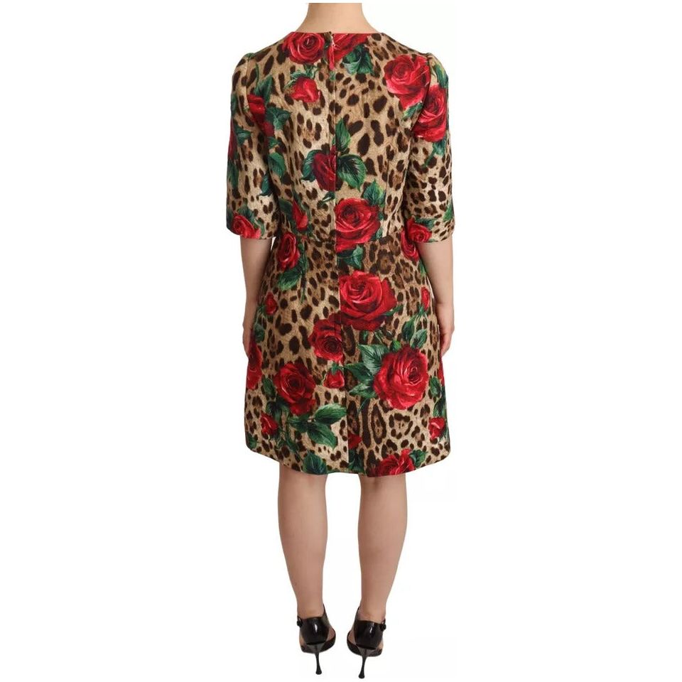 Brown Leopard Red Roses Cotton A-line Dress