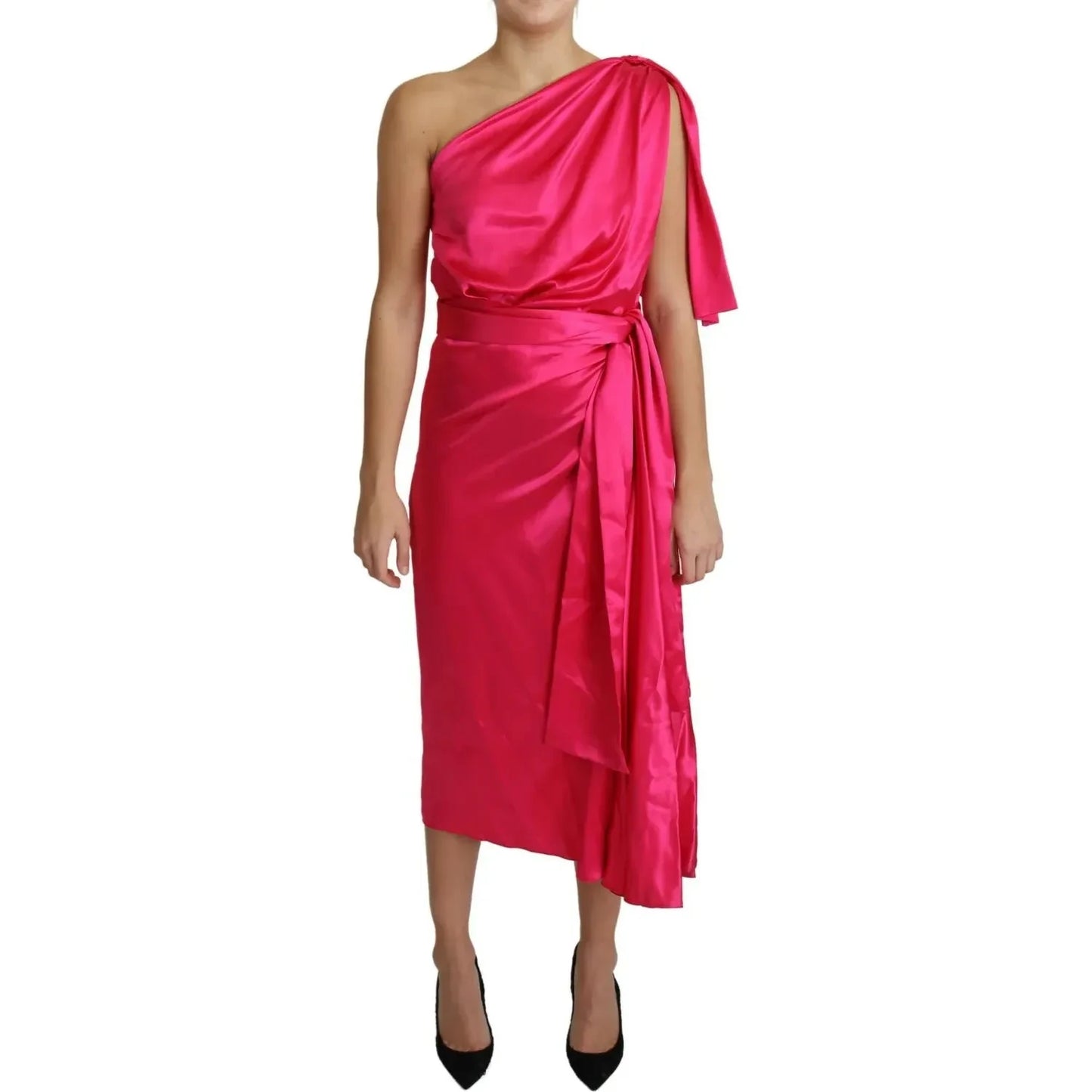 Fuchsia Fitted Cut One Shoulder Midi Dress