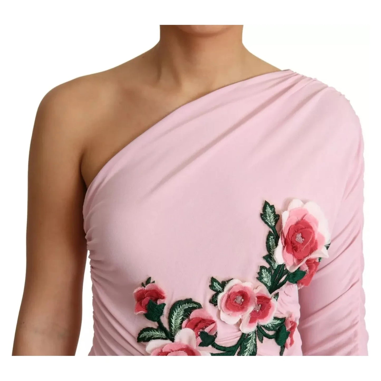 Pink Flower Embellished One Shoulder Dress